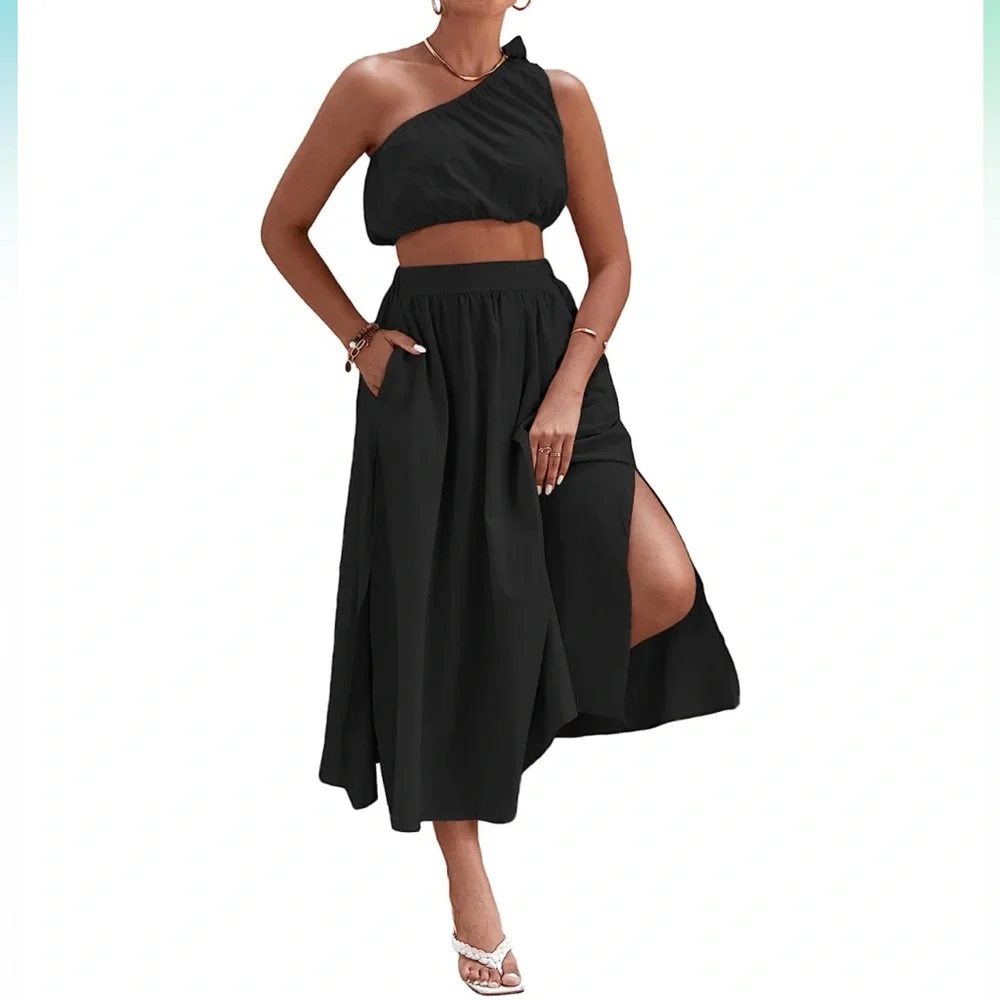 Amazon One Shoulder Crop Top and Midi Skirt Two-Piece Set - Picture 1 of 4